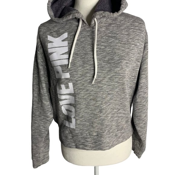 Victorias Secret Pink Cropped Sweatshirt XS Grey Hooded Long Sleeve Fleece - Picture 2 of 7